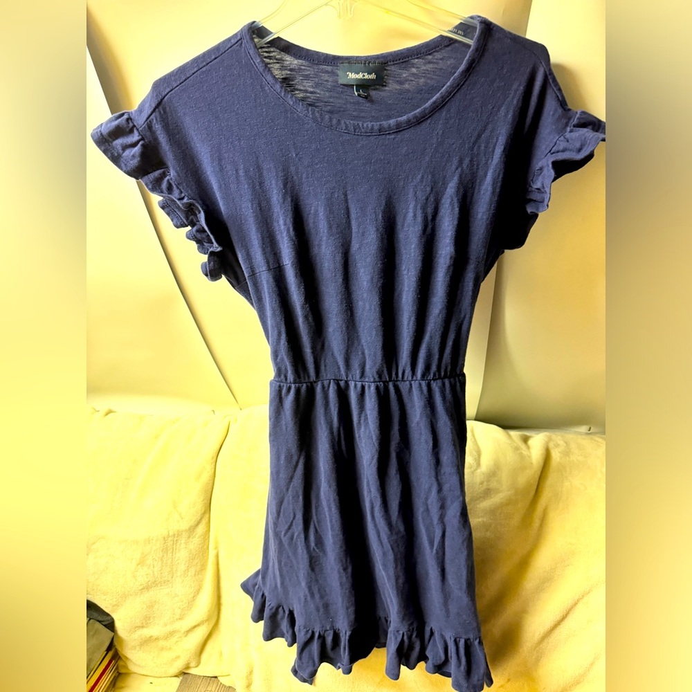 MODCLOTH Dress Flutter Short Sleeve Belted Ruffle Hem Blue Half Lined Size L